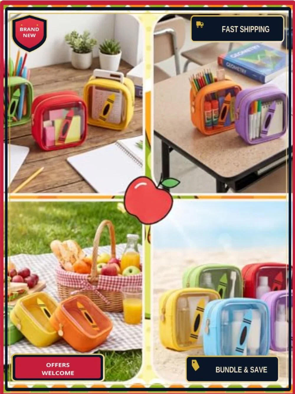 Set of 6 Clear PVC Zipper Pouch Bags Teacher Gift Cosmetic Travel Organizer
